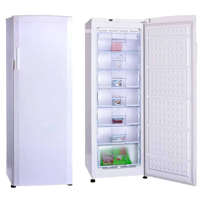 Open upright freezer with organized frozen food inside