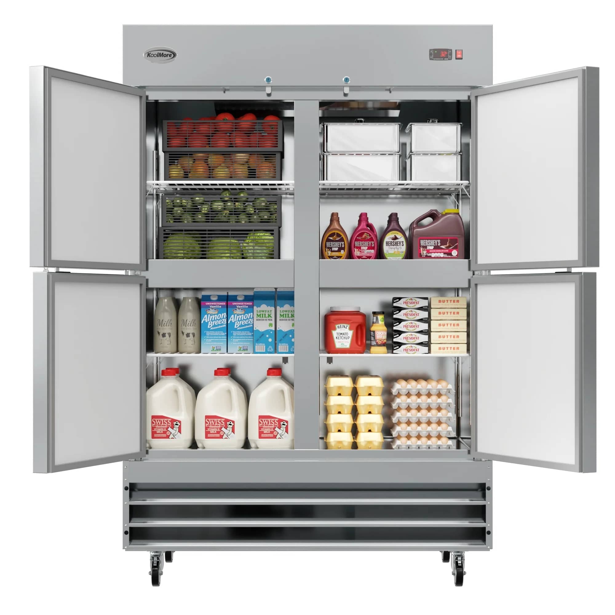 Large commercial freezer stocked with food items in multiple sections