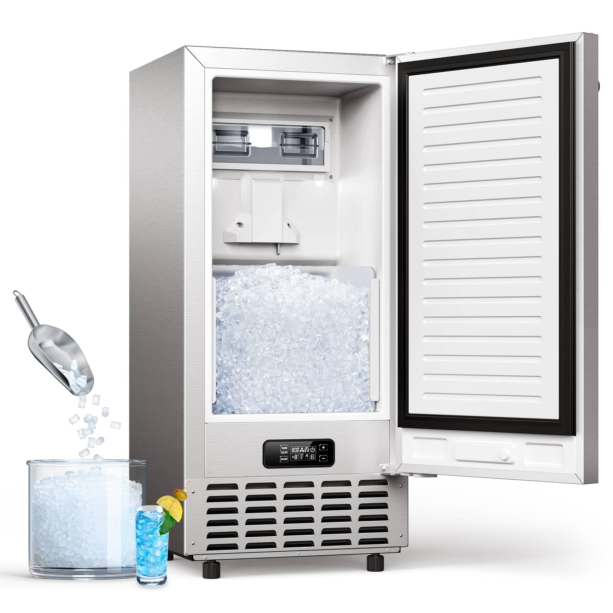 Undercounter ice maker and freezer combo with ice bin open