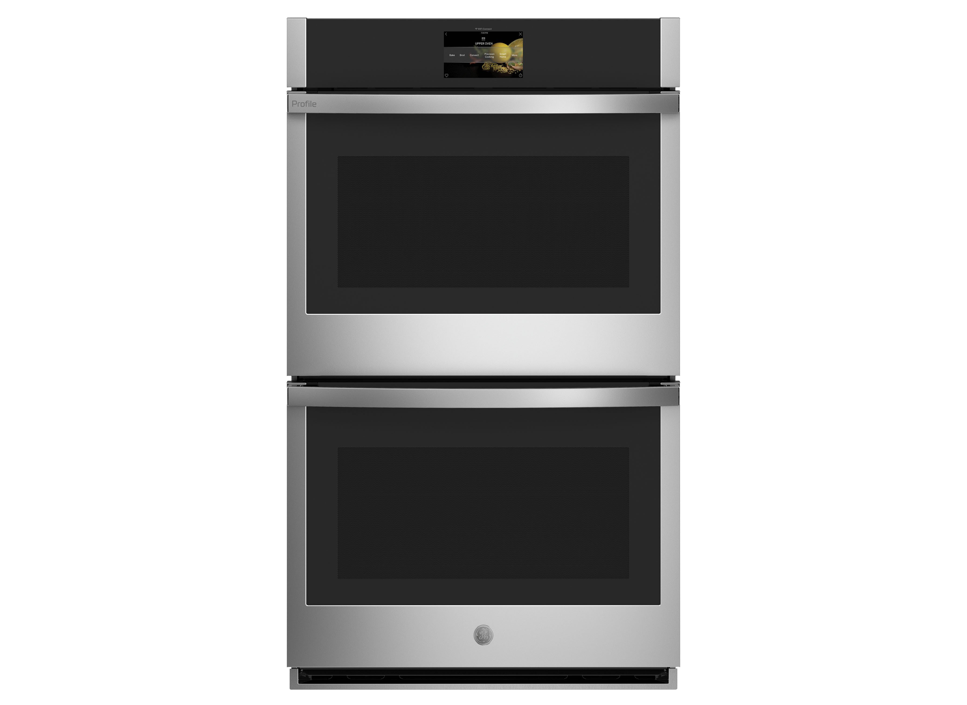 Built-in General Electric stainless steel wall oven cleanly fitted into custom kitchen cabinetry